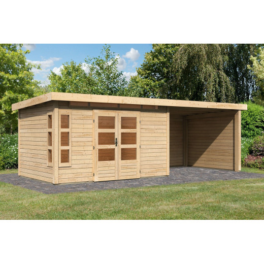 Abri de jardin en bois massif 8,88m² Kastorf 7 avec appentis 320cm et paroi arrière et latérale – Karibu