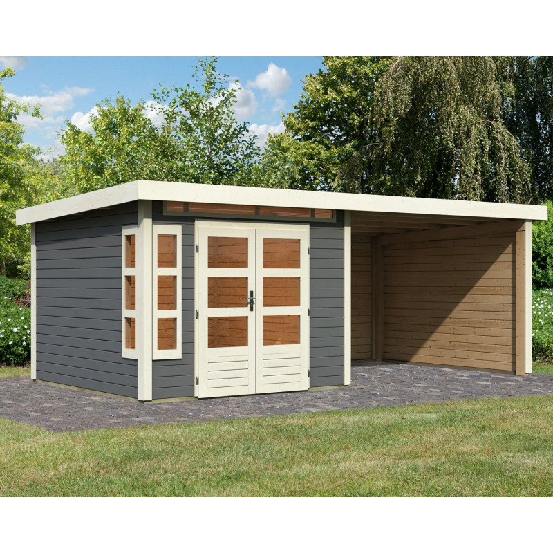 Abri de jardin en bois massif gris terre 7,50m² Kastorf 6 avec appentis 320cm et paroi arrière et latérale – Karibu