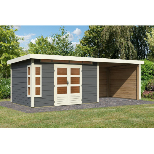Abri de jardin en bois massif gris terre 8,88m² Kastorf 7 avec appentis 320cm et paroi arrière et latérale – Karibu