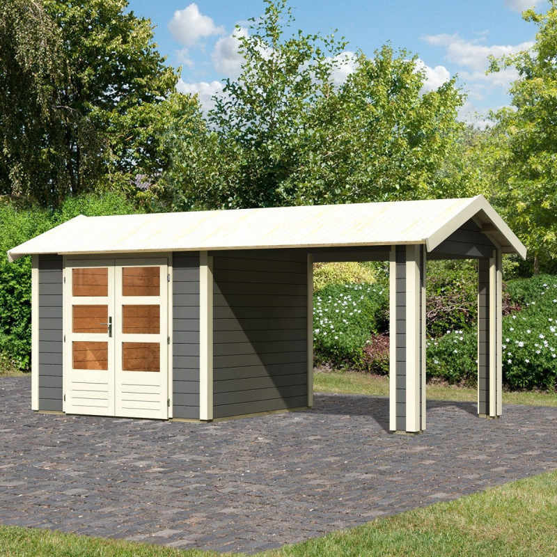 Abri de jardin en bois massif gris terre 5,95m² Theres 3 avec un auvent – Karibu
