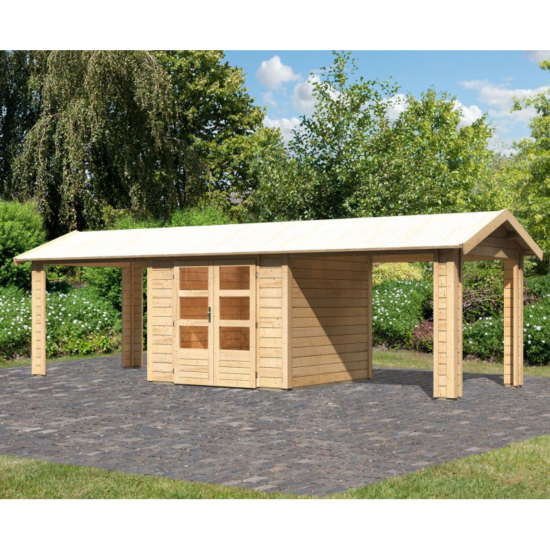 Abri de jardin en bois massif 5,95m² Theres 3 avec deux auvents – Karibu