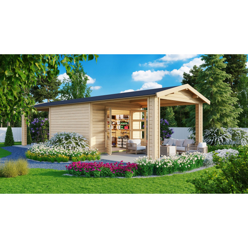 Abri de jardin en bois massif 9,24m² Theres 7 avec deux auvents – Karibu