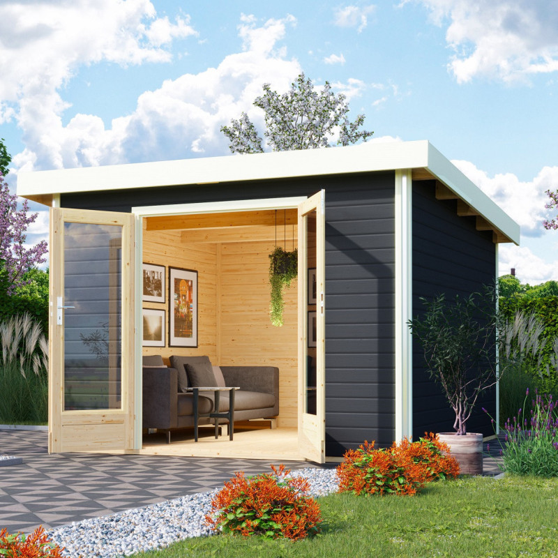 Abri toit plat 9,55m² bois massif gris terre 40mm Radeburg 1 – Karibu