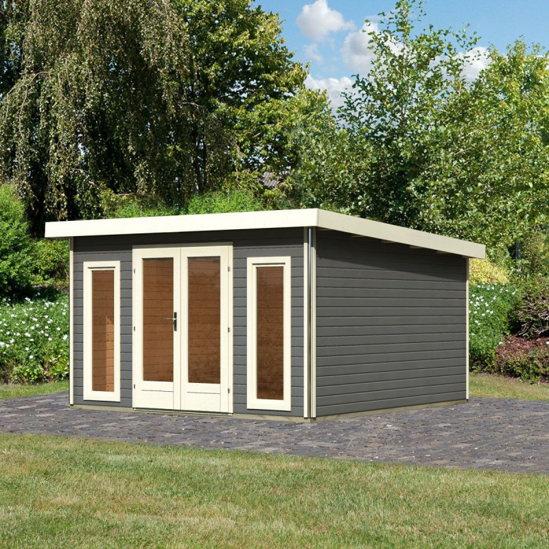 Abri toit plat 13,60m² bois massif gris terre 40mm Radeburg 3 – Karibu