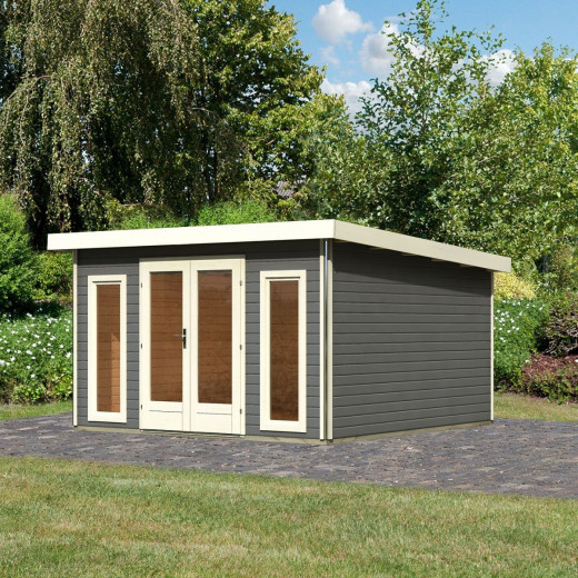 Abri toit plat 13,60m² bois massif gris terre 40mm Radeburg 3 – Karibu