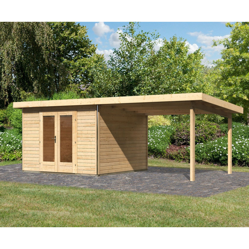 Abri toit plat 9,55m² bois massif 40mm Radeburg 1 avec appentis 330cm – Karibu