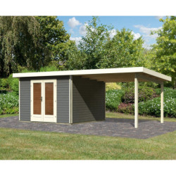 Abri toit plat 9,55m² bois massif gris terre 40mm Radeburg 1 avec appentis 330cm – Karibu
