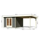 Abri toit plat 9,55m² bois massif gris terre 40mm Radeburg 1 avec appentis 330cm – Karibu