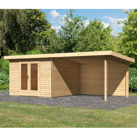 Abri toit plat 9,55m² bois massif 40mm Radeburg 1 avec appentis 330cm et paroi arrière – Karibu