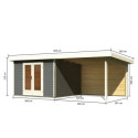 Abri toit plat 9,55m² bois massif gris terre 40mm Radeburg 1 avec appentis 330cm et paroi arrière – Karibu