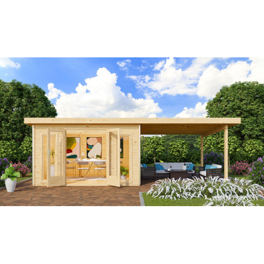 Abri toit plat 13,60m² bois massif 40mm Radeburg 3 avec appentis 330cm – Karibu