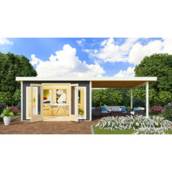 Abri toit plat 13,60m² bois massif gris terre 40mm Radeburg 3 avec appentis 330cm – Karibu