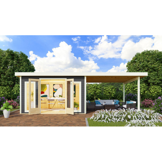 Abri toit plat 13,60m² bois massif gris terre 40mm Radeburg 3 avec appentis 330cm – Karibu