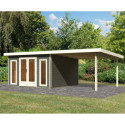 Abri toit plat 13,60m² bois massif gris terre 40mm Radeburg 3 avec appentis 330cm – Karibu