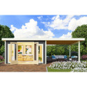 Abri toit plat 13,60m² bois massif gris terre 40mm Radeburg 3 avec appentis 330cm – Karibu