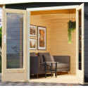 Abri toit plat 13,60m² bois massif gris terre 40mm Radeburg 3 avec appentis 330cm et paroi arrière – Karibu