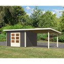Abri toit plat 9,55m² bois massif gris terre 40mm Northeim 3 avec appentis 330cm – Karibu 
