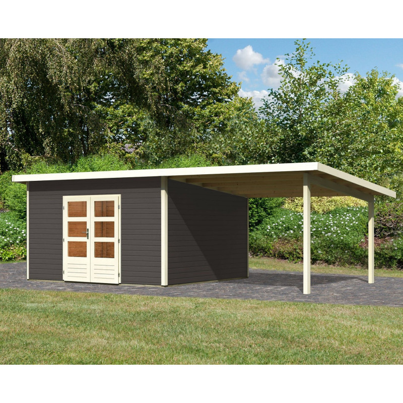 Abri toit plat 13,60m² bois massif gris terre 40mm Northeim 5 avec appentis 330cm – Karibu 