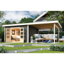 Abri toit plat 13,60m² bois massif gris terre 40mm Northeim 5 avec appentis 330cm – Karibu 
