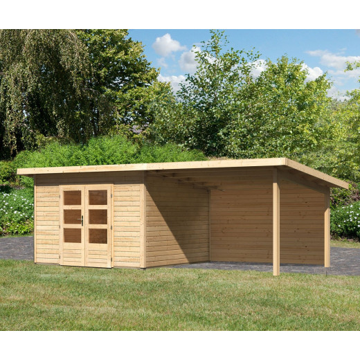 Abri toit plat 9,55m² bois massif 40mm Northeim 3 avec appentis 330cm et paroi arrière – Karibu 
