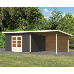 Abri toit plat 13,60m² bois massif gris terre 40mm Northeim 5 avec appentis 330cm et paroi arrière – Karibu 