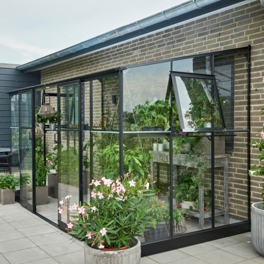 Serre de jardin adossée 7,1m² noire en verre trempé Qube - Halls