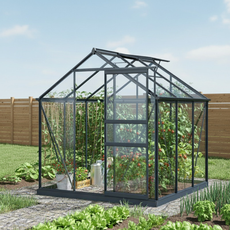Serre de jardin en aluminium anthracite et verre trempé 4mm RINCA 3,5m² + embase - Green Protect