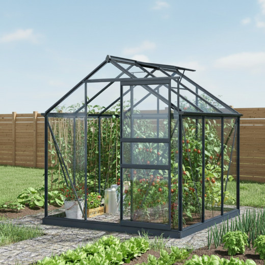 Serre de jardin en aluminium anthracite et verre trempé 4mm RINCA 3,5m² + embase - Green Protect