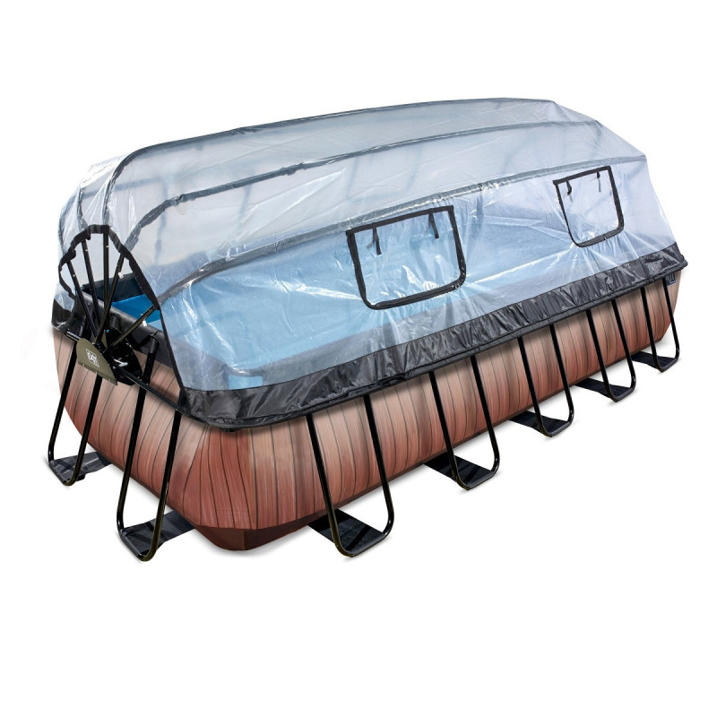 Piscine hors sol rectangulaire Wood 540x250x100cm avec pompe filtrante à sable, dôme et pompe à chaleur – Exit Toys