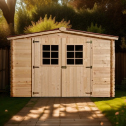 Abri de jardin en bois brut 9,58m² madriers 28mm - Habrita