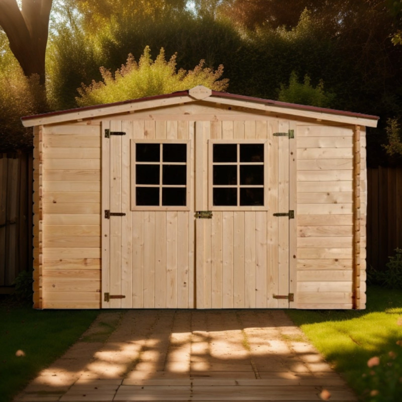 Abri de jardin en bois brut 9,58m² madriers 28mm - Habrita