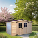 Abri de jardin en bois brut 9,58m² madriers 28mm - Habrita