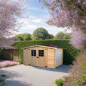 Abri de jardin en bois brut 9,58m² madriers 28mm - Habrita