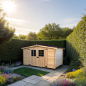 Abri de jardin en bois brut 9,58m² madriers 28mm - Habrita