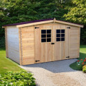 Abri de jardin en bois brut 9,58m² madriers 28mm - Habrita