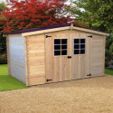 Abri de jardin en bois brut 9,58m² madriers 28mm - Habrita