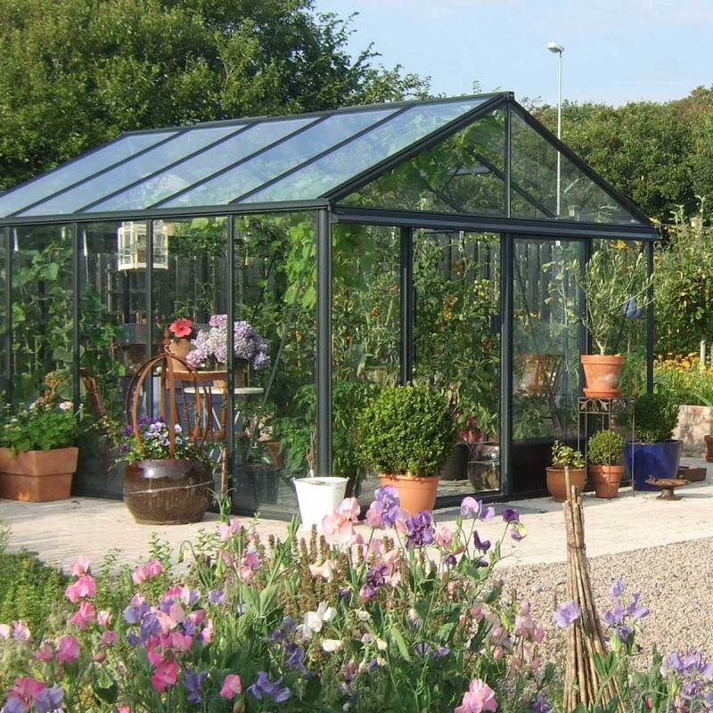 Serre de jardin LUXIA sur muret 9,60m² en aluminium laqué et verre trempé 4mm - Lams