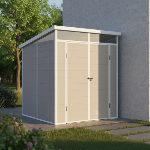 Abri de jardin en résine 3,24m² beige toit monopente skylight + plancher - Jobu