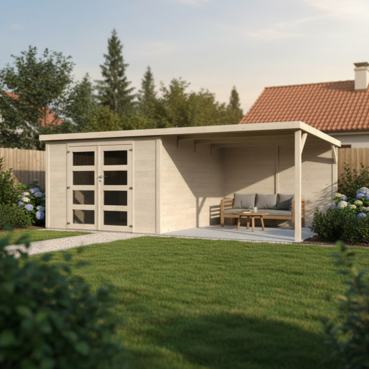 Abri de jardin Délices + appentis 19,77m² en bois massif 28mm avec double porte – Décor et Jardin