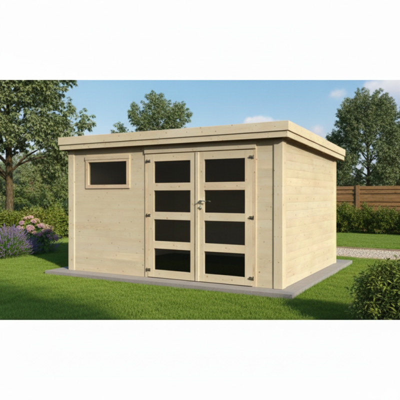 Abri de jardin Paolo 11,92m² en bois massif 28mm avec double porte et fenêtre – Décor et Jardin