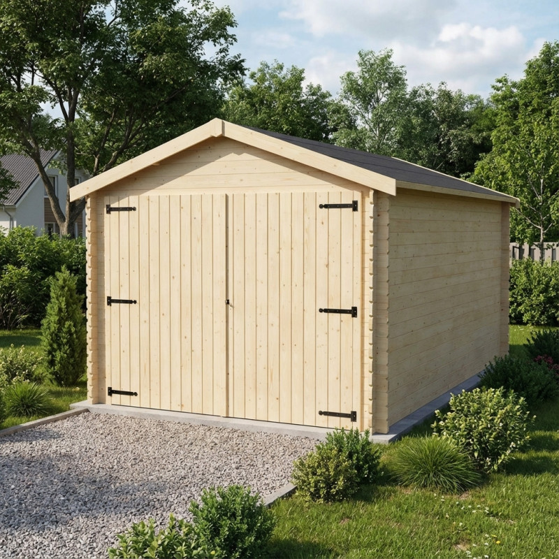 Garage Gamache double pente 15,69m² madriers 28mm avec double porte battante – Décor et Jardin 