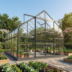 Serre de jardin Comtesse 11m² en aluminium anthracite et verre trempé 4mm - Green Protect
