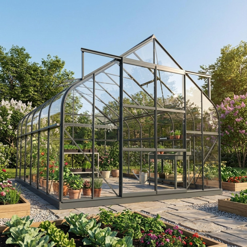 Serre de jardin Comtesse 11m² en aluminium anthracite et verre trempé 4mm - Green Protect