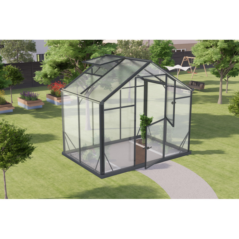 Serre de jardin Hybrid 3,3m² anthracite en verre trempé et polycarbonate Sanus UP! L3 - Gampre