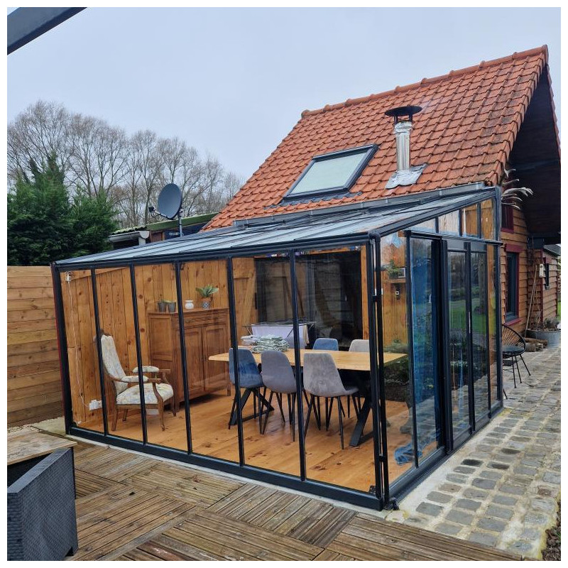Serre adossée 11,85m² LUXE en aluminium anthracite et verre trempé 4mm - Green Protect