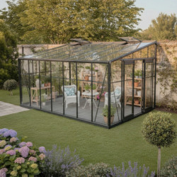 Serre adossée 13,71m² LUXE en aluminium anthracite et verre trempé 4mm - Green Protect