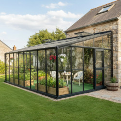 Serre adossée 15,64m² LUXE en aluminium anthracite et verre trempé 4mm - Green Protect