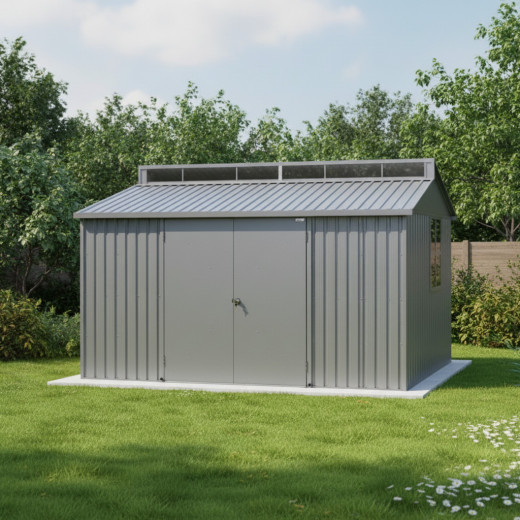 Abri de jardin en aluminium gris avec puits de lumière 7,27m² + kit fondation - DURAMAX