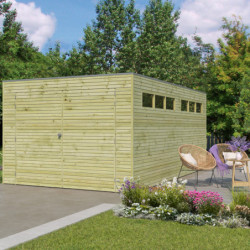Garage Qube 15,3m² en bois traité autoclave + fenêtre – Gardenas