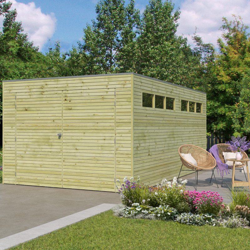 Garage Qube 15,3m² en bois traité autoclave + fenêtre – Gardenas